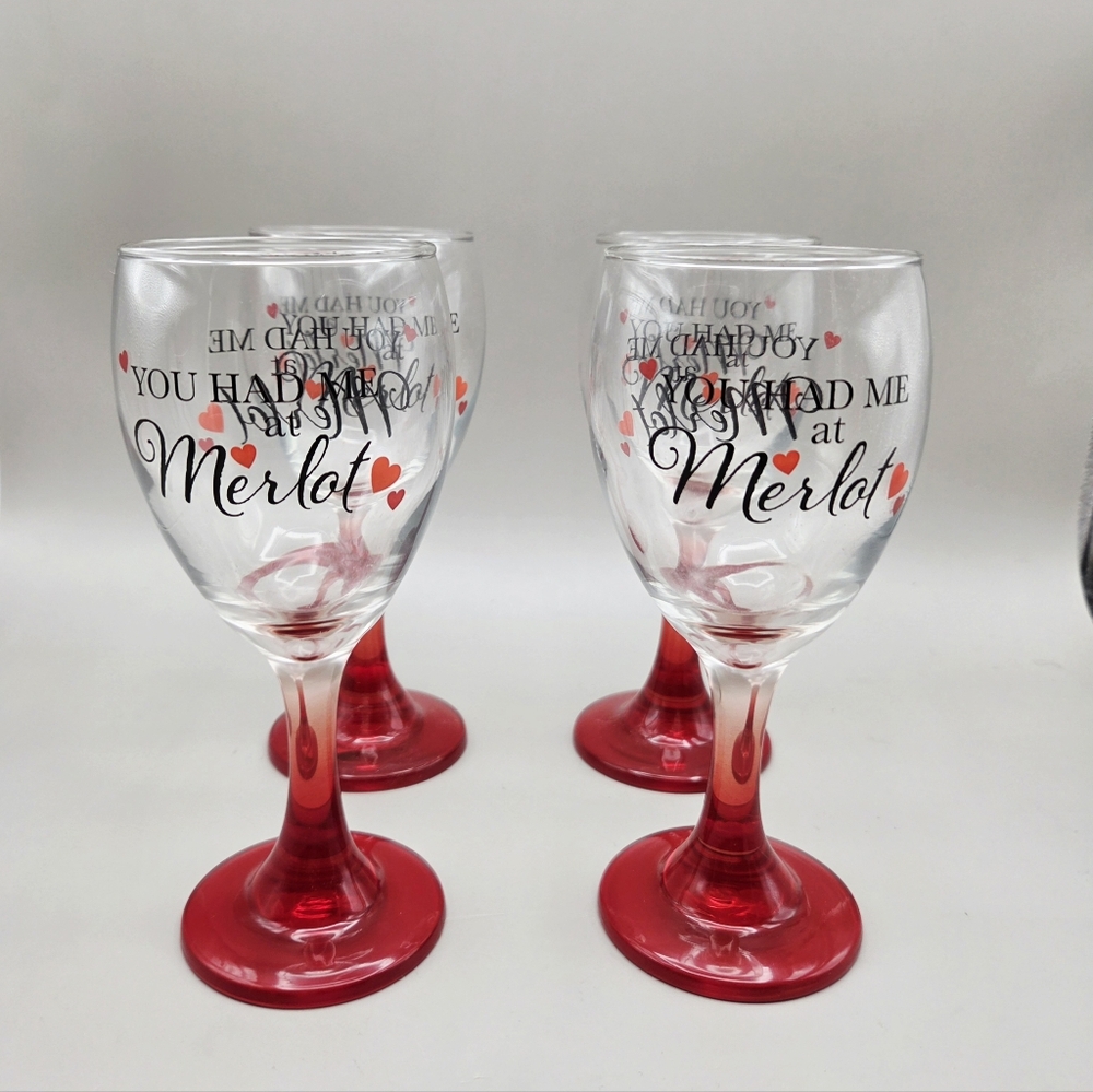Cristar Red Stem Wine Goblets " You Had Me At Merlot",  Set of 4 - Picture 5 of 7